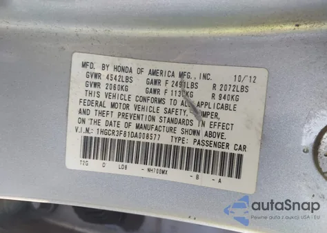 2013 Honda Accord Ex-L V-6 z USA, uszkodzony, nr VIN 1HGCR3F81DA008577